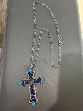 Nicky Butler Silver Cross Necklace with lapis Turquoise and Labordorite.